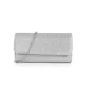 Pochette de soirée pailletée argentée en détail, avec fine bandoulière chaîne et texture. - Argent