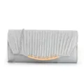 Silver glitter clutch bag with pleated flap design, elegant chain strap and metal clasp detail. - Silver