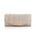 Close up of gold glitter evening clutch, pleated texture and elegant metallic chain strap. - Champagne