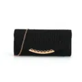 Close-up detail of the black glitter evening clutch featuring metallic chain and clasp. - Black