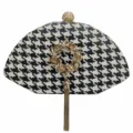Pochette de paille en pied-de-poule noir et blanc avec couronne de strass dorée et pompon. - Noir et Blanc