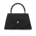 Sac à main de soirée à paillettes noires avec poignée torsadée et détails dorés. - Noir