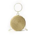 Sac bandoulière rond et tissé chic avec poignée cercle en strass et chaîne dorée pour femmes. - Or