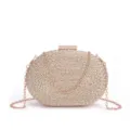 Pochette de soirée ovale tissée avec chaîne en or rose et fermoir strass pour les femmes - Champagne