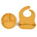 Kit de repas pour bébé en silicone jaune moutarde avec assiette divisée et bavoir pratique. - Assiette + Bavoir / Jaune
