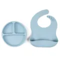 Ensemble assiette compartimentée et bavoir bébé en silicone bleu, variante repas enfant. - Assiette + Bavoir / Bleu
