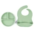 Kit de repas pour bébé en silicone avec assiette compartimentée et bavoir pour sevrage. - Assiette + Bavoir / Vert