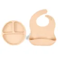 Set de vaisselle bébé en silicone avec assiette compartimentée et bavoir pour repas. - Assiette + Bavoir / Jaune Crème