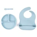 Ensemble de repas bébé en silicone bleu, comprend assiette compartimentée, bavoir et cuillère. - Assiette + Bavoir + Cuillère / Bleu