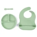 Set de repas bébé en silicone vert avec assiette compartimentée, bavoir et cuillère. - Assiette + Bavoir + Cuillère / Vert
