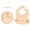 Set repas bébé en silicone avec assiette compartimentée bavoir et cuillère couleur pêche - Assiette + Bavoir + Cuillère / Jaune Crème