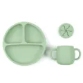 Set de vaisselle pour bébé en silicone avec assiette divisée et tasse d'apprentissage vert sauge. - Assiette + Tasse + Couvercle / Vert