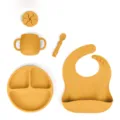 Set de repas bébé en silicone avec assiette divisée, bavoir, tasse et cuillère orange. - Ensemble Complet / Jaune