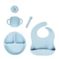 Ensemble de repas pour bébé en silicone bleu clair avec assiette, bavoir et tasse. - Ensemble Complet / Bleu