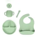 Set de repas en silicone pour bébé avec assiette compartimentée, tasse et bavoir. - Ensemble Complet / Vert