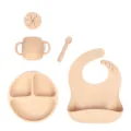 Kit de repas bébé en silicone avec assiette compartimentée, bavoir, tasse et cuillère beige. - Ensemble Complet / Jaune Crème