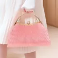 Pink pleated evening clutch bag with gold metal frame and crystal clasp accessory - Pink