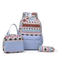 Ensemble de sac à dos scolaire 3 pièces style ethnique avec sac à lunch et trousse pour étudiants - Bleu Marron