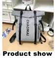 Street fashion waterproof roll-top backpack for men and women grey outdoor travel detail view - Gray