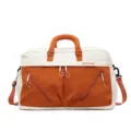Large capacity canvas travel duffel bag in orange and white color block design for short trips. - Brown
