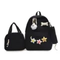 Set zaino da 3 pezzi in velluto a coste nero per la scuola con graziosi ciondoli in peluche. - Nero Senza Ciondolo