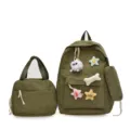 Set zaino in velluto a coste da 3 pezzi borsa scolastica casual con borsa per pranzo verde - Verde Militare Senza Ciondolo