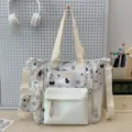 Witte canvas shopper met vlinder- en sterrenprint, grote casual schoudertas voor studenten. - Schoudertas Wit