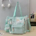Mintgroene canvas shopper met schattig strikjes- en sterrenpatroon, veelzijdige damesschoudertas. - Schoudertas groen
