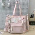 Roze canvas shopper tas met schouderriem, schattig strik ster patroon, grote studentenhandtas. - Schoudertas roze