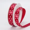 Red polka dot satin ribbon rolled on a white spool for gorgeous gift wrapping bows. - 1.5cm Printed Polka Dot * 250# Dark Red