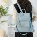 Hellblauer PU Leder Damen Rucksack lässige Freizeit Tasche mit Quaste und Reißverschluss. - Blau