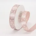 Pink polka dot satin ribbon roll for gift wrapping, hair bow crafts, and floral decor. - 1.5cm Printed Polka Dot * Pale Pink