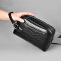 Schwarze Kroko-PU-Leder Herren Clutch Tasche mit Doppelreißverschluss für Business und Alltag. - Klein (Stil 2) / Schwarz