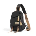 Schwarze Nylon Sling Tasche Damen Herren, lässige Brusttasche Umhängetasche mit Kontrastriemen. - Schwarz
