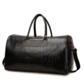Men's large capacity PU soft leather travel duffel bag, casual sports fitness luggage handbag. - Black