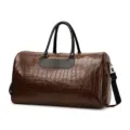 Brown crocodile pattern PU leather travel duffel bag, large capacity men's luggage gym bag. - Coffee