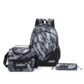 3-teiliges Rucksack-Set, große Schultasche mit Lunchtasche und Federmäppchen im Design. - 3-teiliges Set (Rucksack+Isoliertasche+Federmäppchen) / Schwarz Weiß