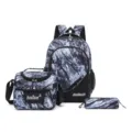 3-teiliges Schulrucksack Set blaues Marmor Muster große Kapazität Schultasche Federtasche - 3-teiliges Set (Rucksack+Isoliertasche+Federmäppchen) / Schwarz und Grau