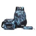 3-teiliges blaues Marmor Schulrucksack-Set mit Lunchtasche und Federmäppchen für Schüler - 3-teiliges Set (Rucksack+Isoliertasche+Federmäppchen) / Blau