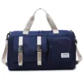 Blue large capacity travel duffel bag gym sports bag with beige straps and multiple pockets. - Dark Blue