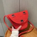 Borsa a tracolla in paglia rossa da donna, graziosa borsa spalla ricamata con ciliegie. - Stile Con Ricamo a Ciliegia / arancio-rosso