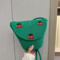 Borsa a tracolla in paglia intrecciata verde con ricamo di ciliegie carine donna estate - Stile Con Ricamo a Ciliegia / Verde