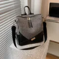 Κλασικό γυναικείο σακίδιο πλάτης houndstooth μεγάλη χωρητικότητα casual τσάντα - Πιε ντε πουλ μαύρο
