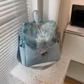 Vintage bloemen wandtapijt rugzak met blauw leer, stijlvolle grote damestas tas. - Print Blauw