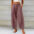 Vue détaillée du pantalon sarouel court ample de couleur unie pour femme en mauve - S / Bas / Brun Rouge