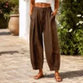High waisted loose solid brown cropped harem pants with textured fabric for casual wear - Dark Brown