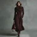 Full view of elegant burgundy velvet long trench coat with double-breasted detail - S / Tops / Dark Red