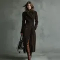 Detailed full-length view of a brown double-breasted long trench coat with a waist belt. - Chestnut