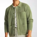 Close-up detail of the olive green ribbed knit cardigan jacket for men's fashion. - M / Tops / Green