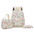 Floral 3-piece school backpack set with lunch bag and pencil case for students daily use. - White Pink Floral